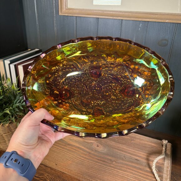Vintage Indiana Glass Harvest Grapes Carnival Glass Footed Oval Fruit Bowl - Picture 14 of 16